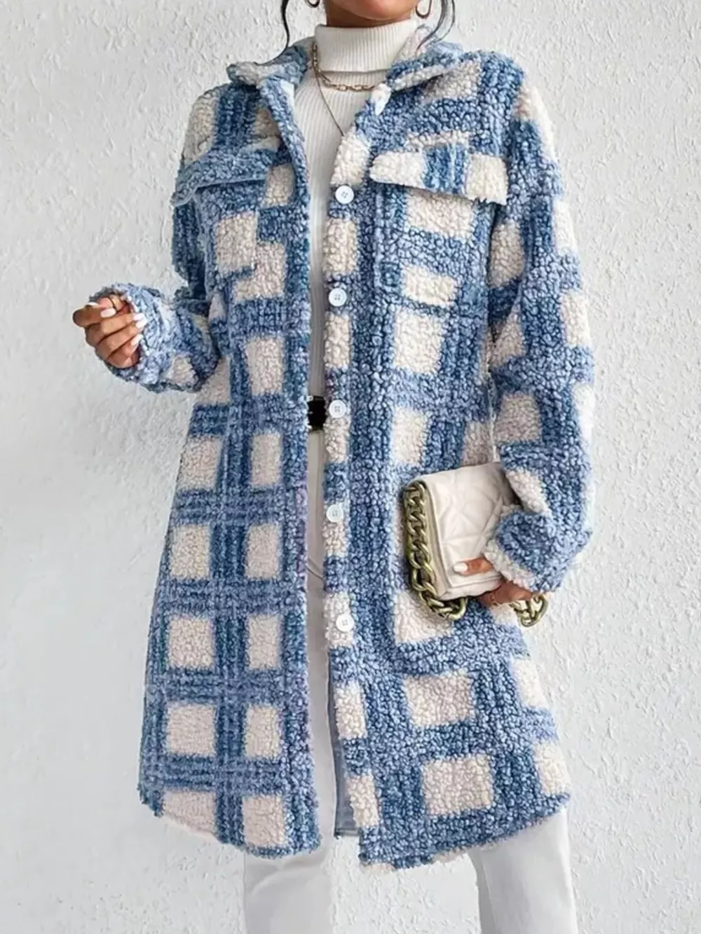 Plaid Button Up Long Sleeve Fleece Coat, image 3