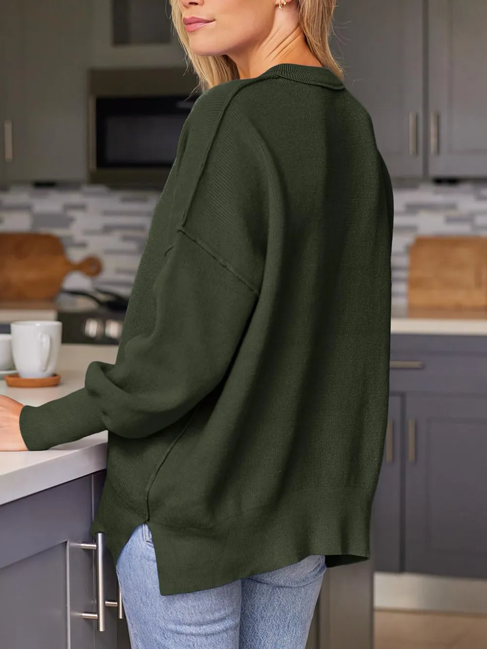 Slit Round Neck Dropped Shoulder Sweater, image 11