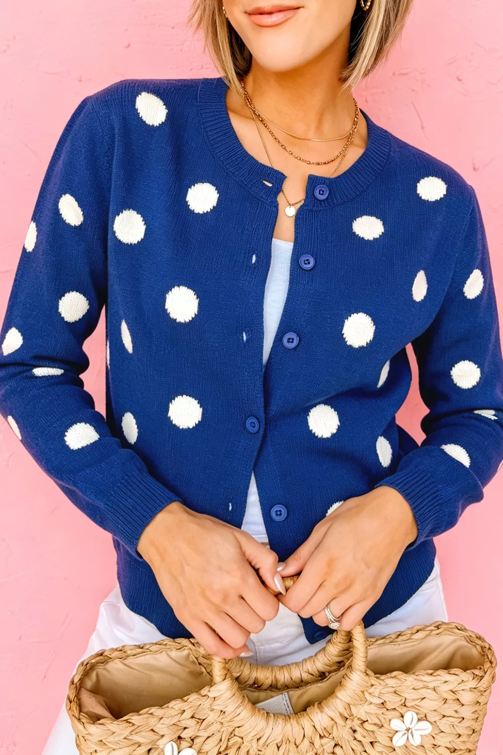 Casual Polka Dot Button Front Long Sleeve Sweater Cardigan, image 6