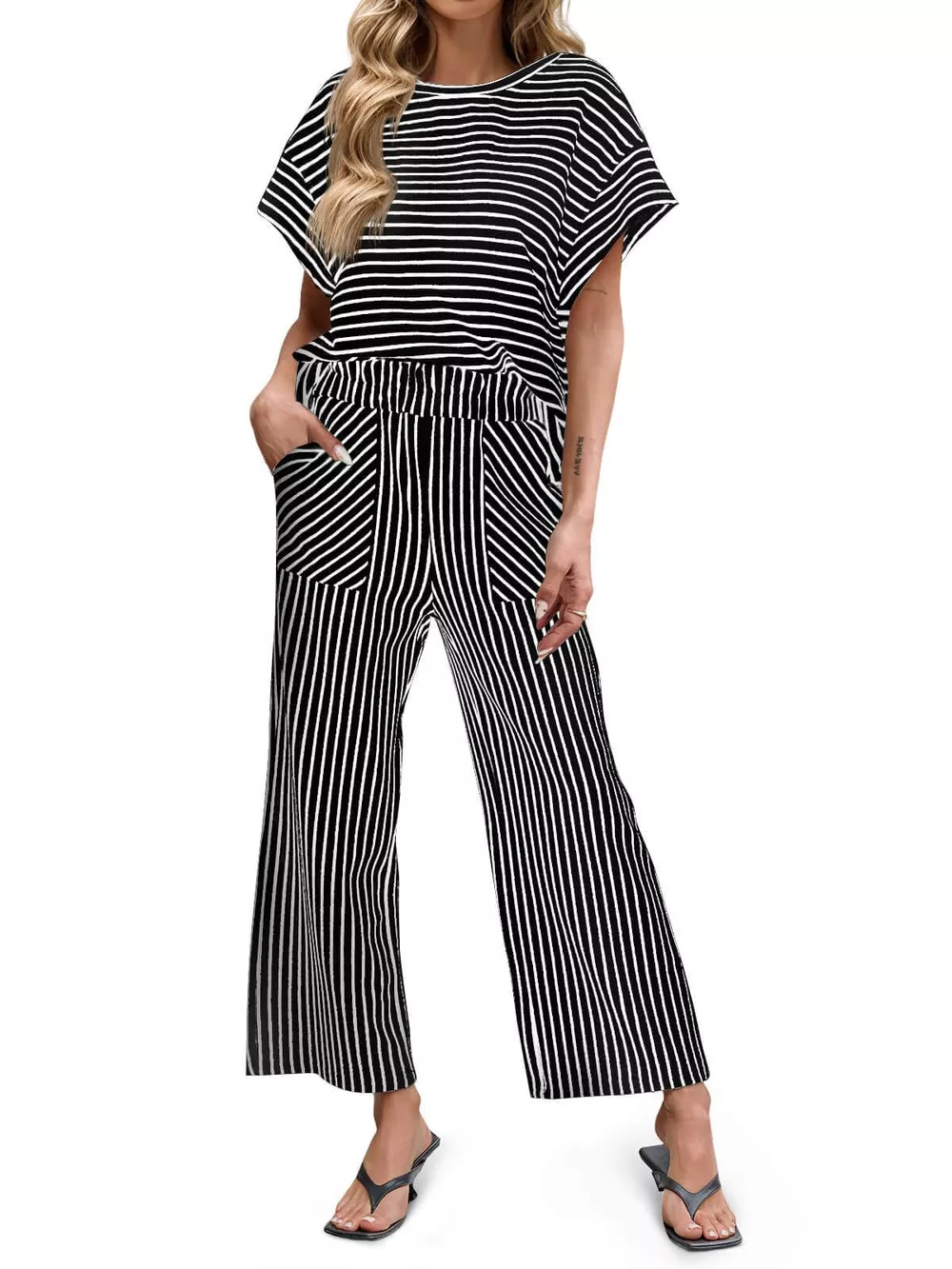 Casual Striped Short Sleeve Top and Wide Leg Pants Two-Piece Set, image 5