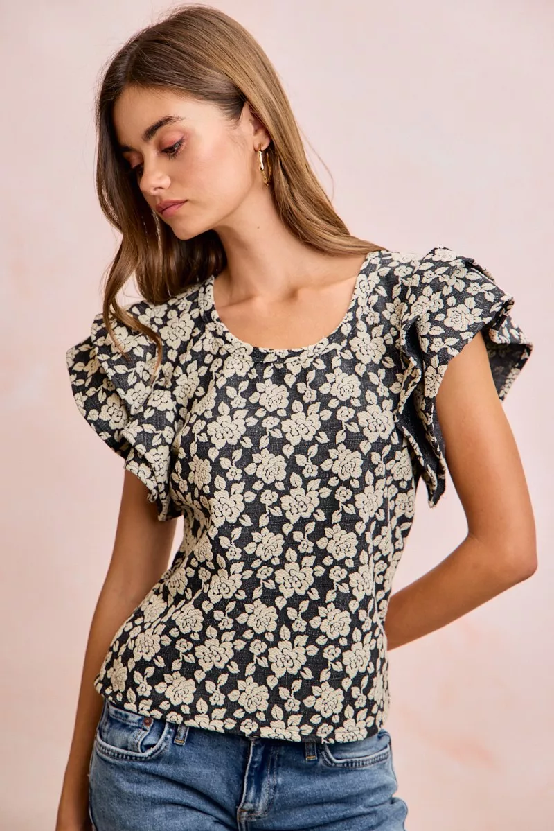 BiBi Floral Jacquard Ruffle Sleeves Knit Top, image 13