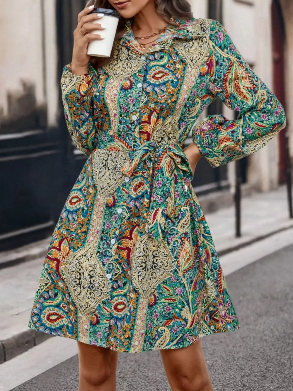 Paisley Print Button-Down Shirt Dress, image 2