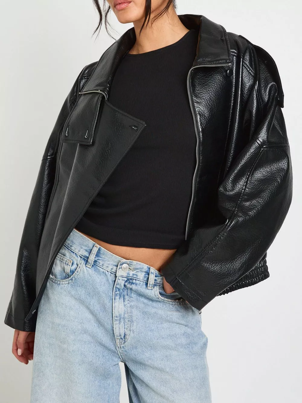 Faux Leather Moto Jacket with Asymmetrical Zip, image 4