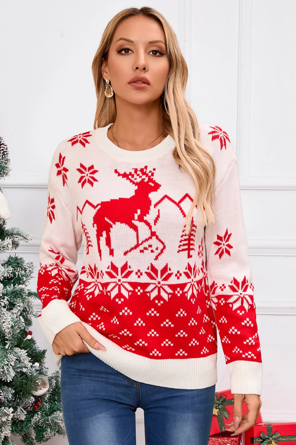 Deer Pattern Round Neck Long Sleeve Sweater, image 8