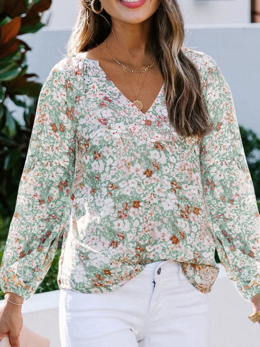Full Size Floral Print V-Neck Long Sleeve Blouse Plus Size, image 3