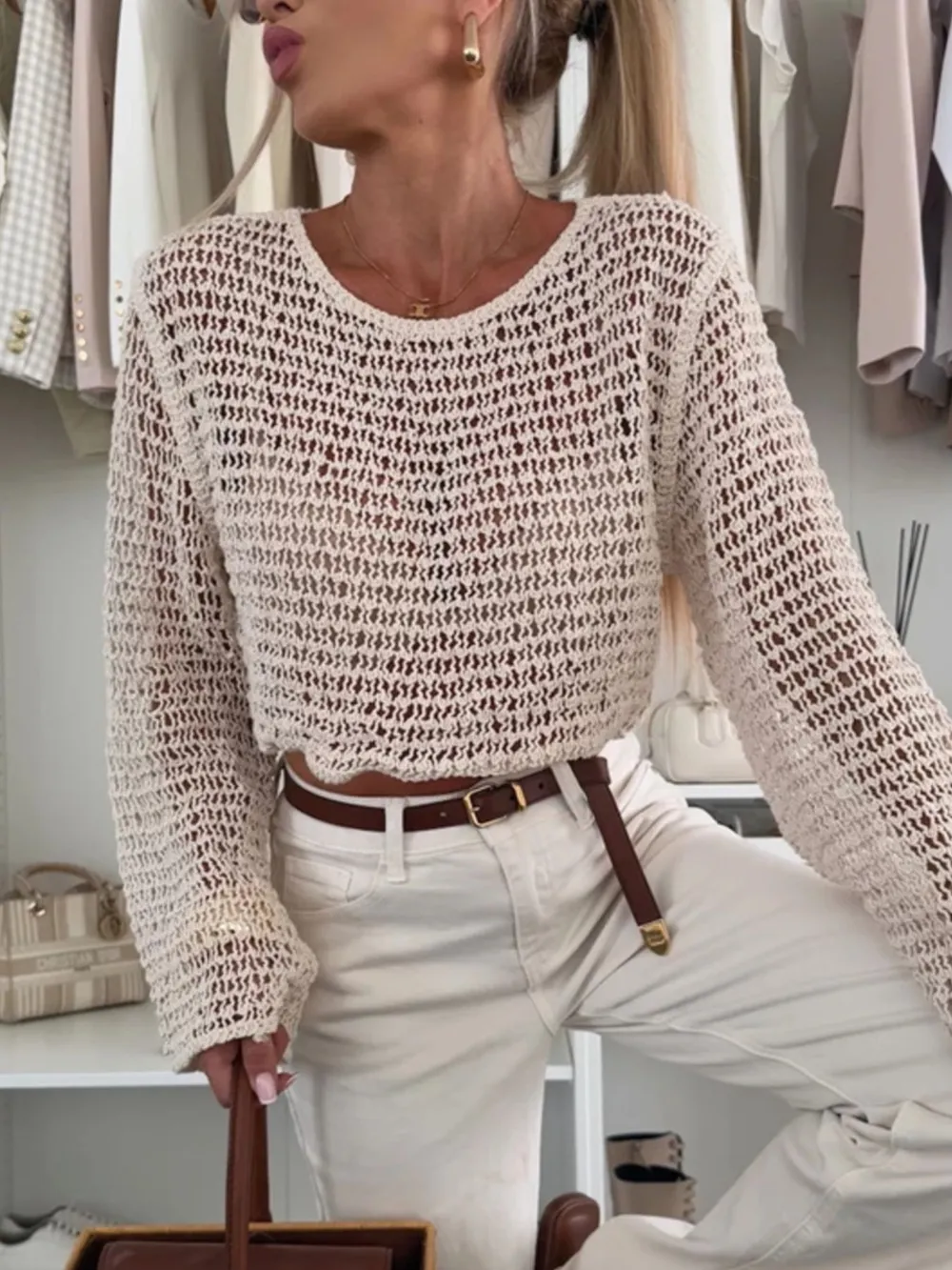 Openwork Round Neck Knit Cover Up, image 4