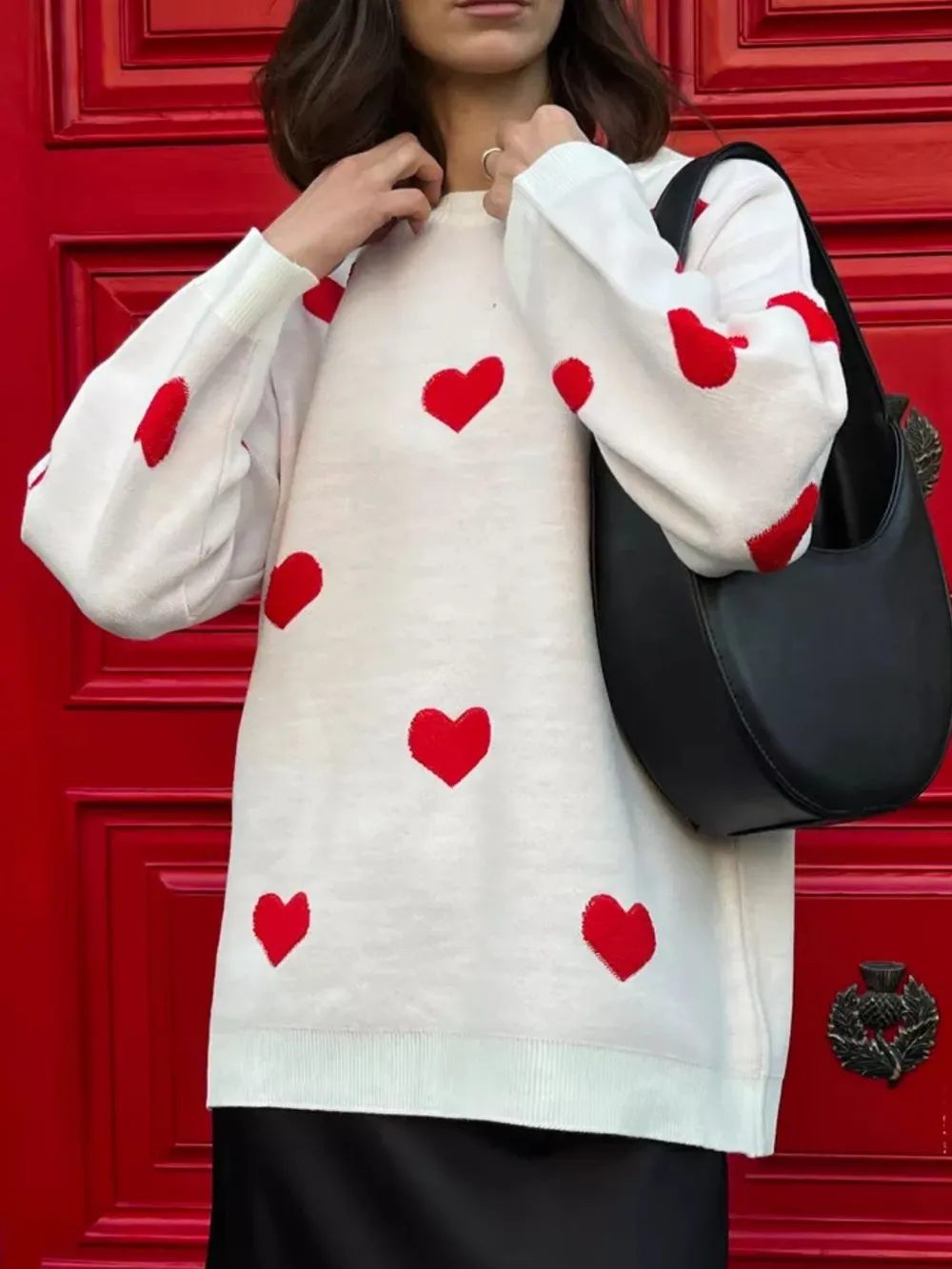 Heart Round Neck Dropped Shoulder Sweater, image 2