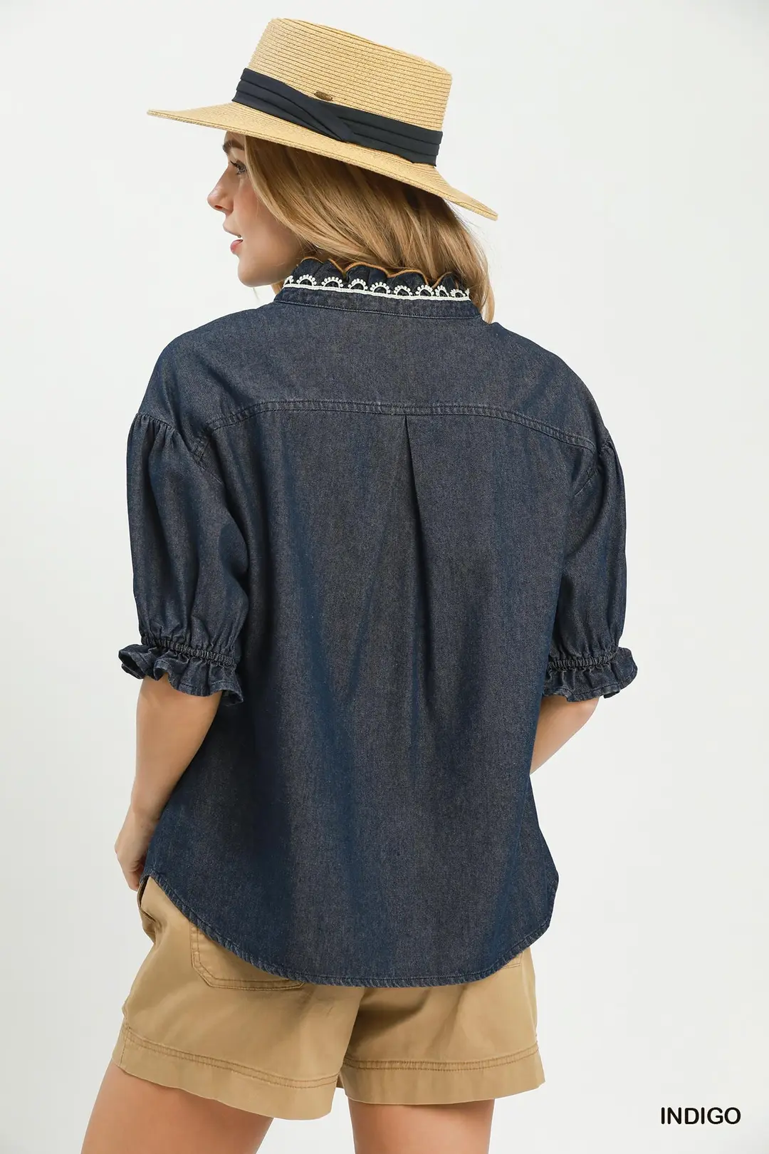 Chambray Scalloped Trim Button Front Blouse, image 3