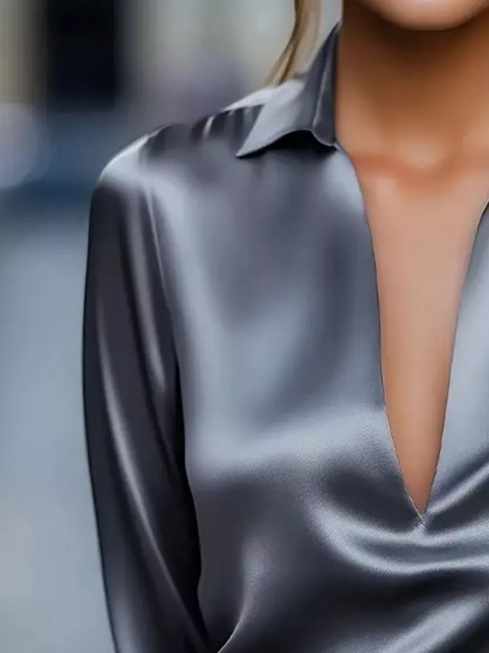 Satin Johnny Collar Long Sleeve Blouse, image 8