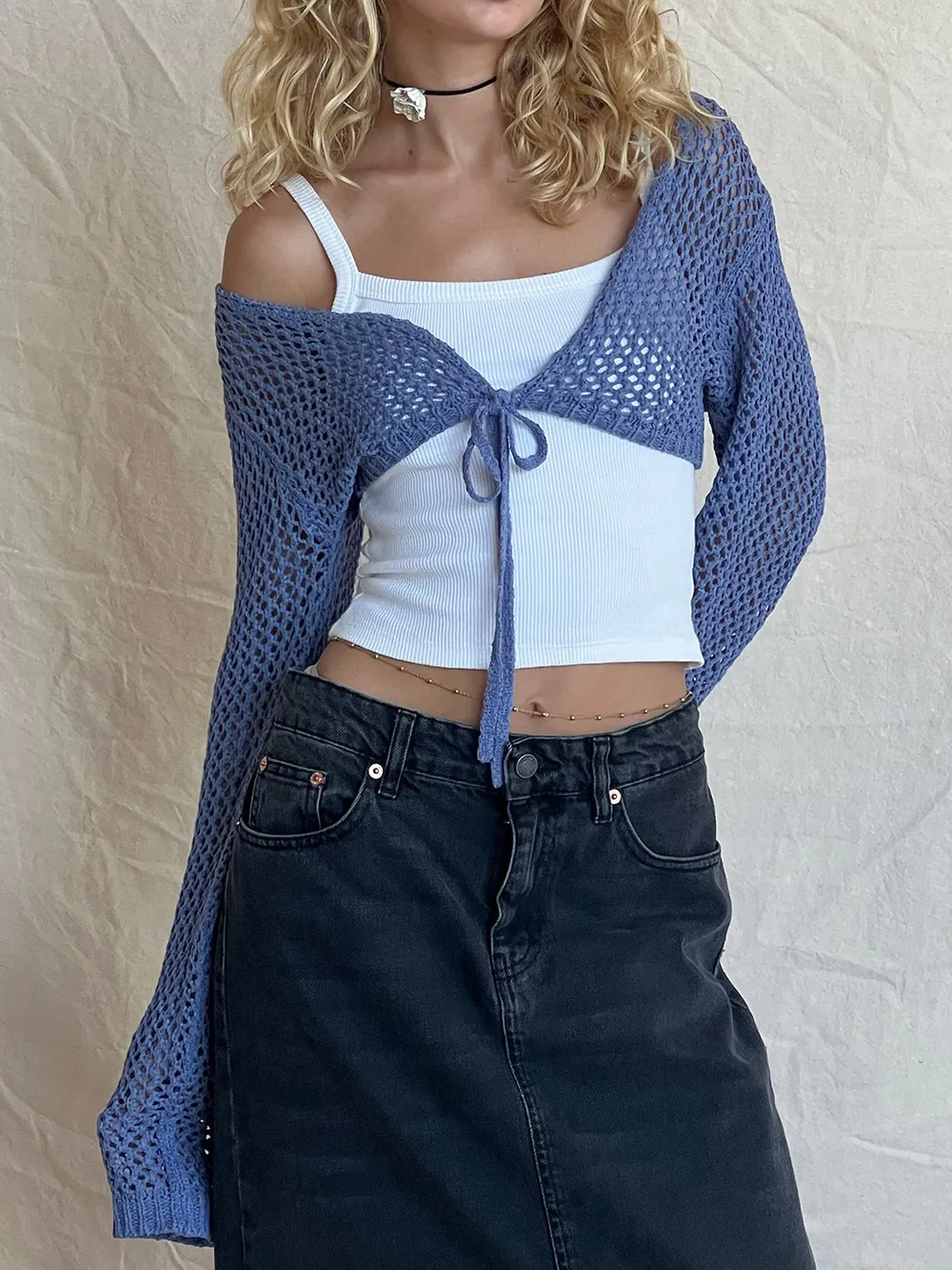 Openwork Tied Dropped Shoulder Cardigan, image 2