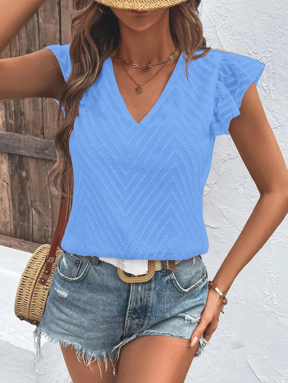 Textured V-Neck Cap Sleeve Blouse, image 13