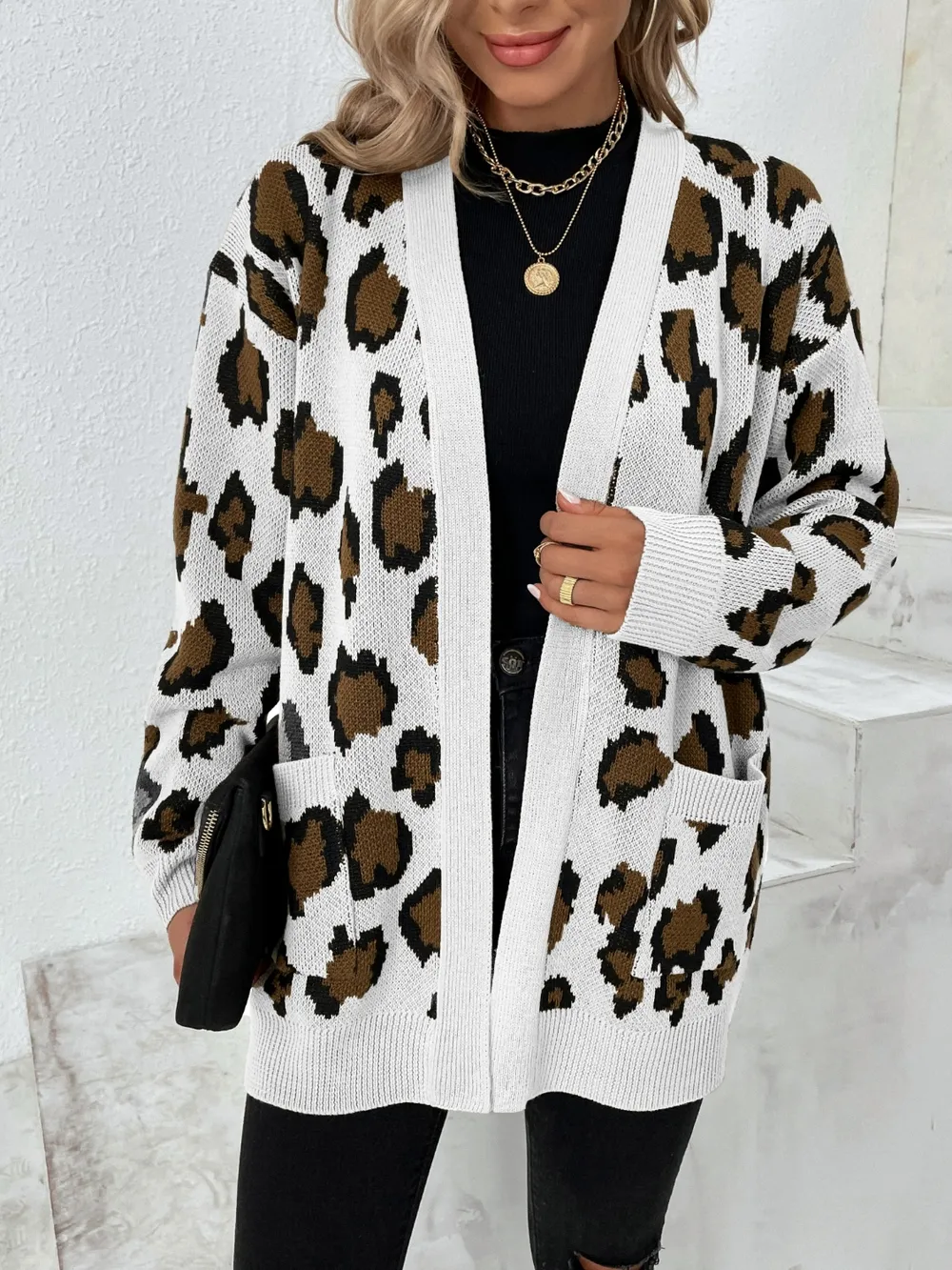 Leopard Open Front Dropped Shoulder Cardigan, image 7