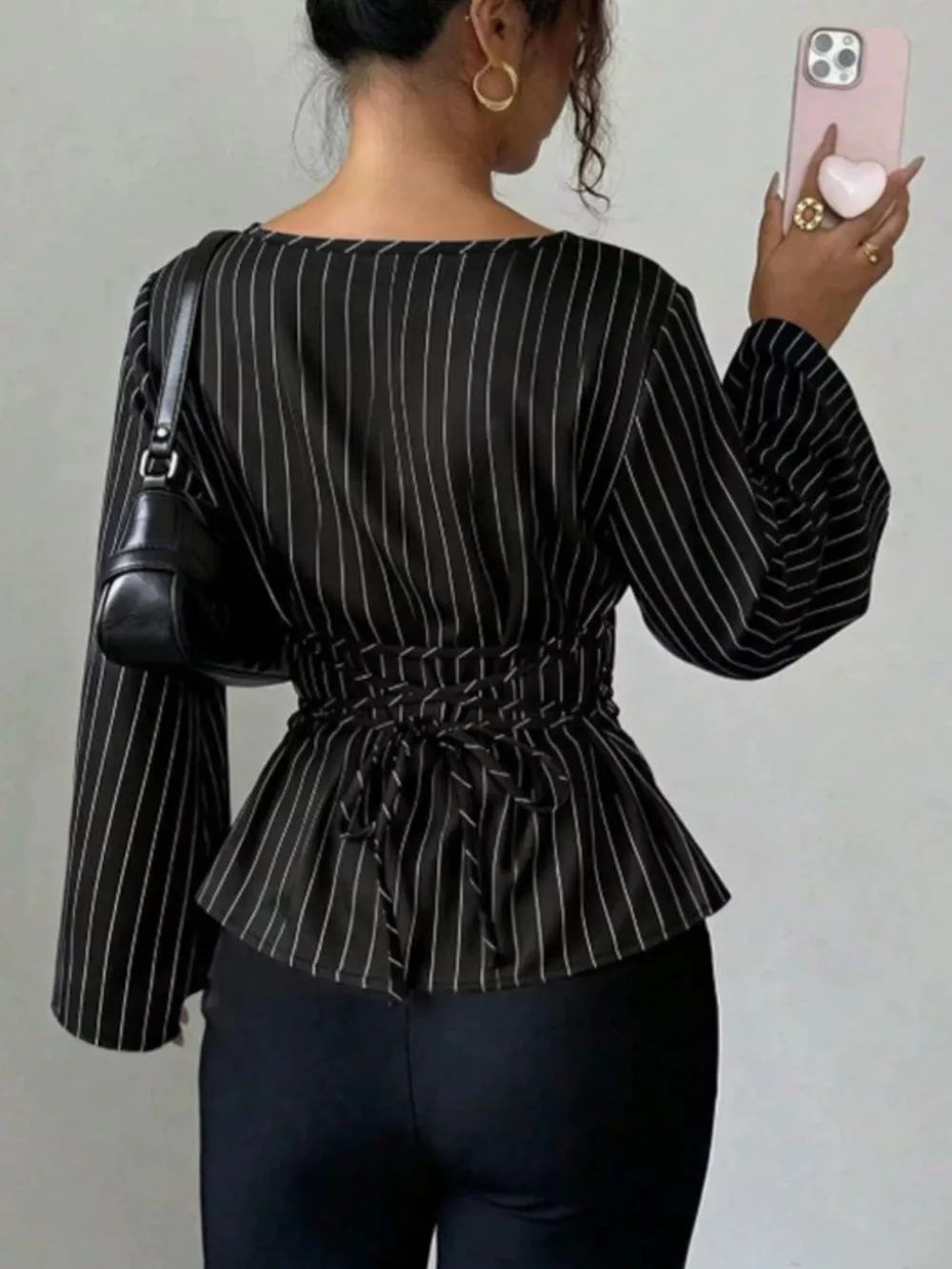 Elegant Pinstriped Bell Sleeve Blouse with Back Lace Up, image 4