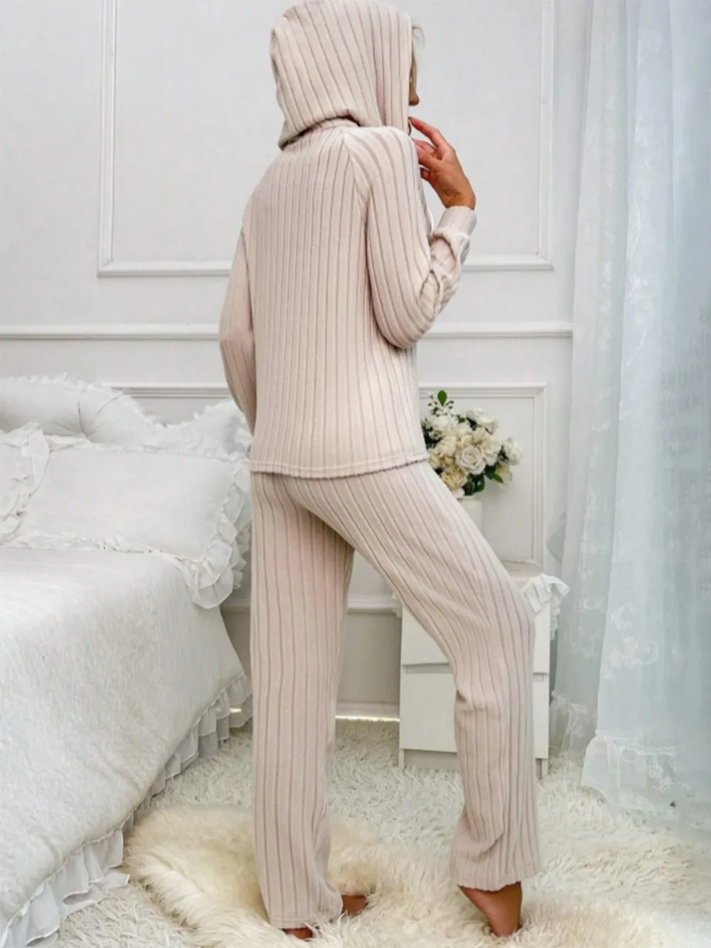 Drawstring Half Button Hooded Top and Ribbed Pants Set, image 2