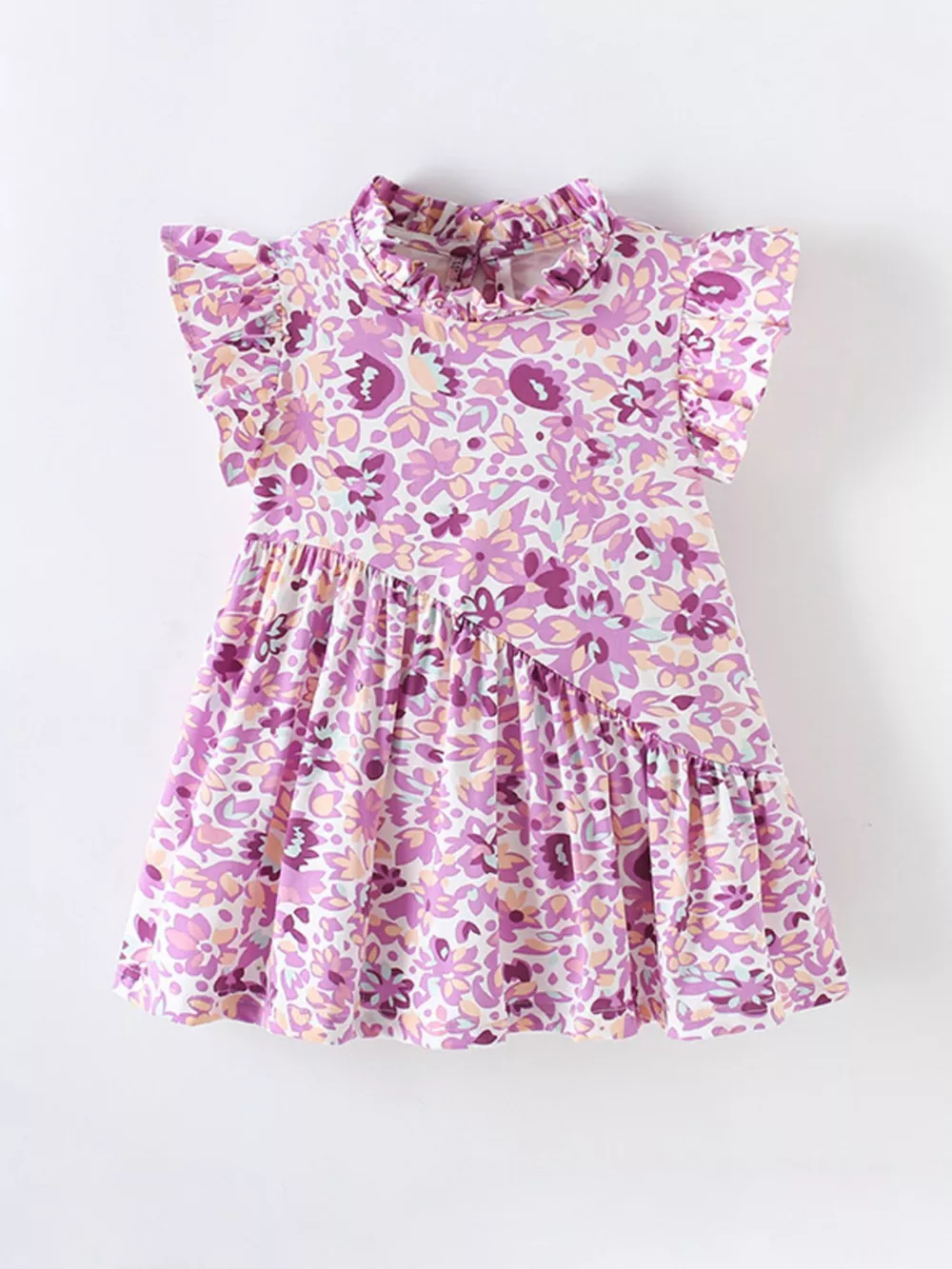 Children's Floral Print Ruffle Trim A-Line Dress