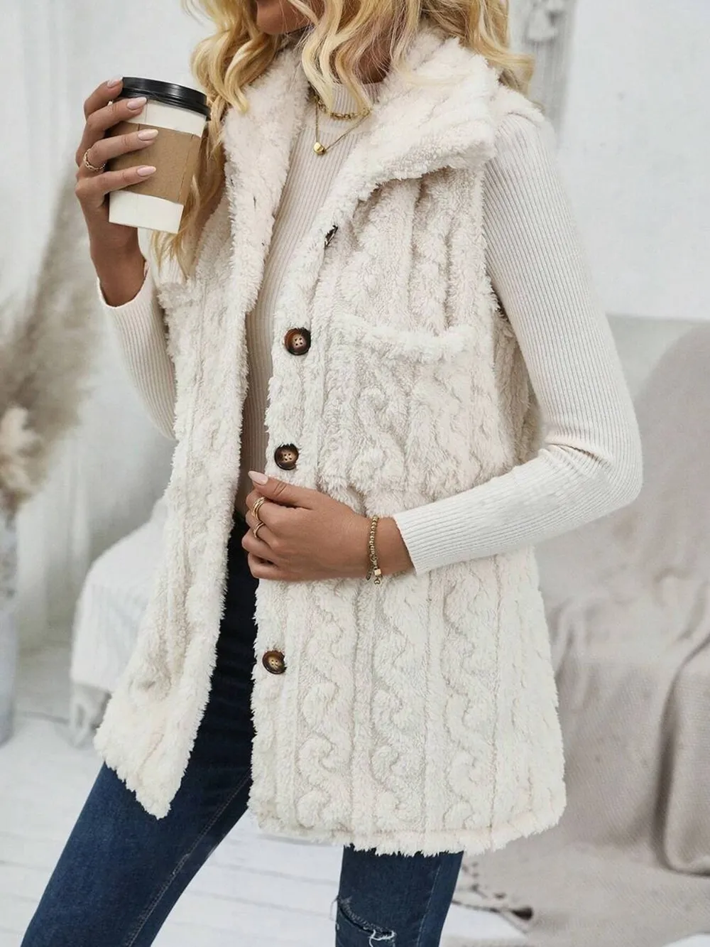 Fuzzy Button Up Vest Coat, image 4