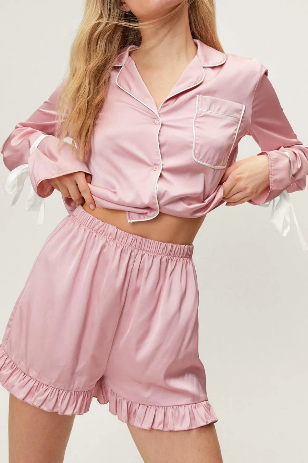 Tied Cuff Collared Neck Top and Frill Shorts Lounge Set, image 7