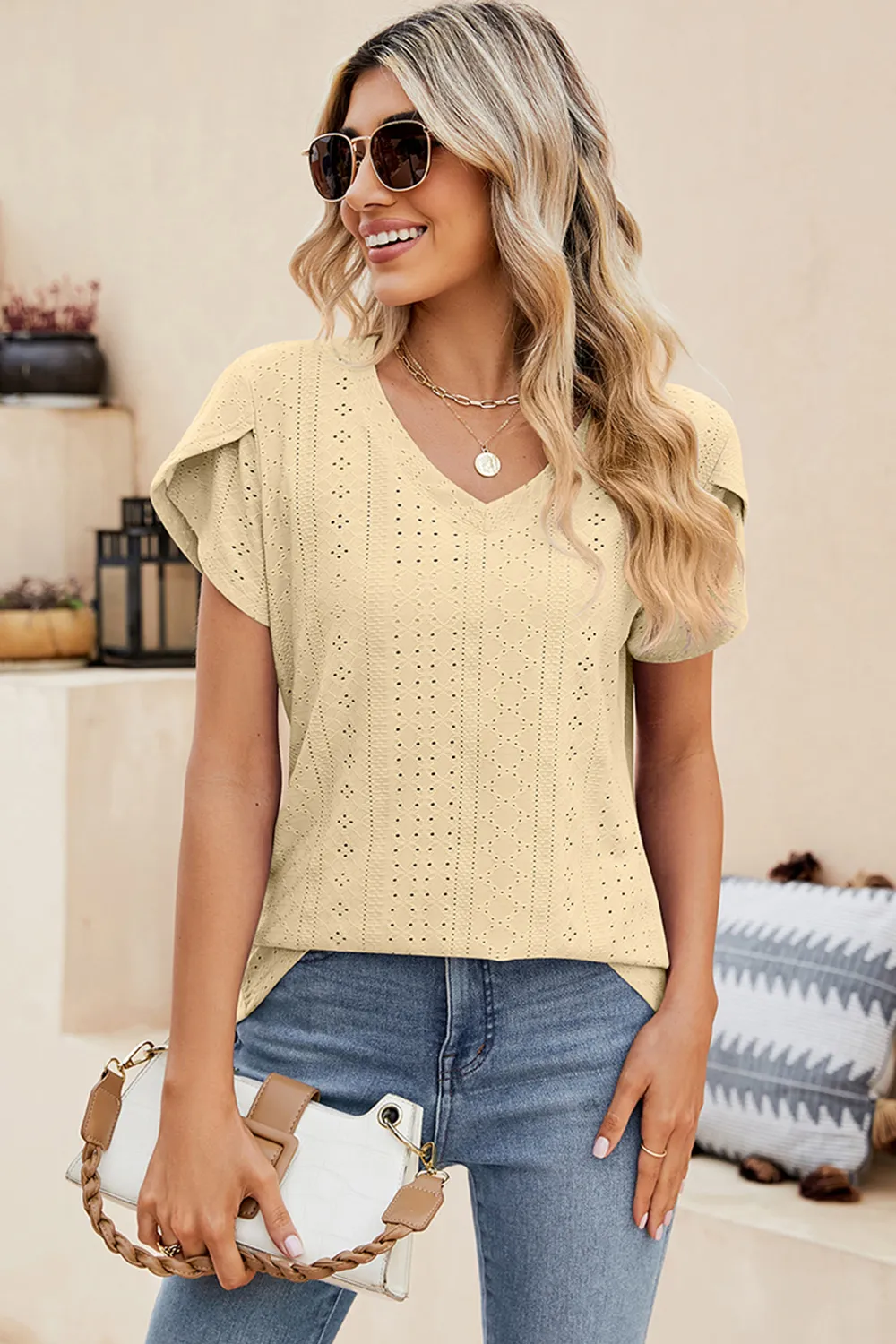Eyelet V-Neck Petal Sleeve T-Shirt, image 15