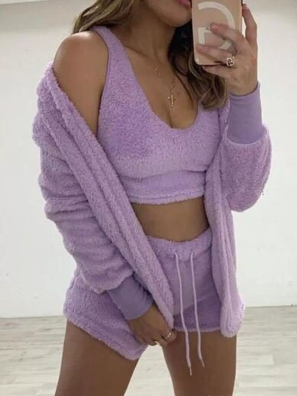 Full Size Fuzzy Tank & Cardigan and Shorts Three-Piece Set Plus Size, image 18