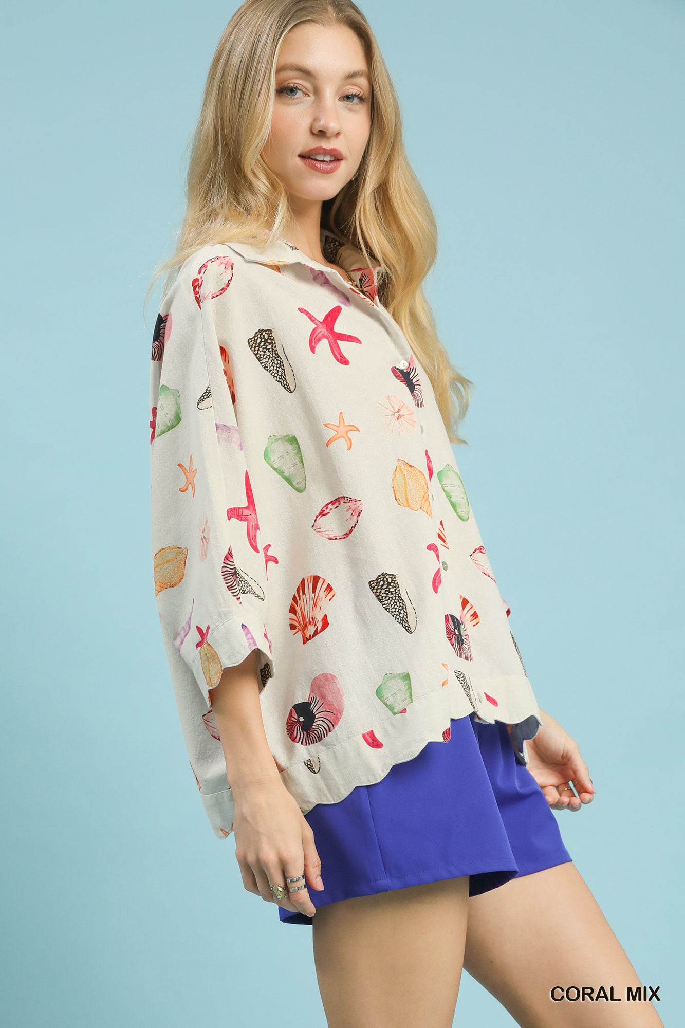 Seashell & Starfish Print Button-Down Top, image 4
