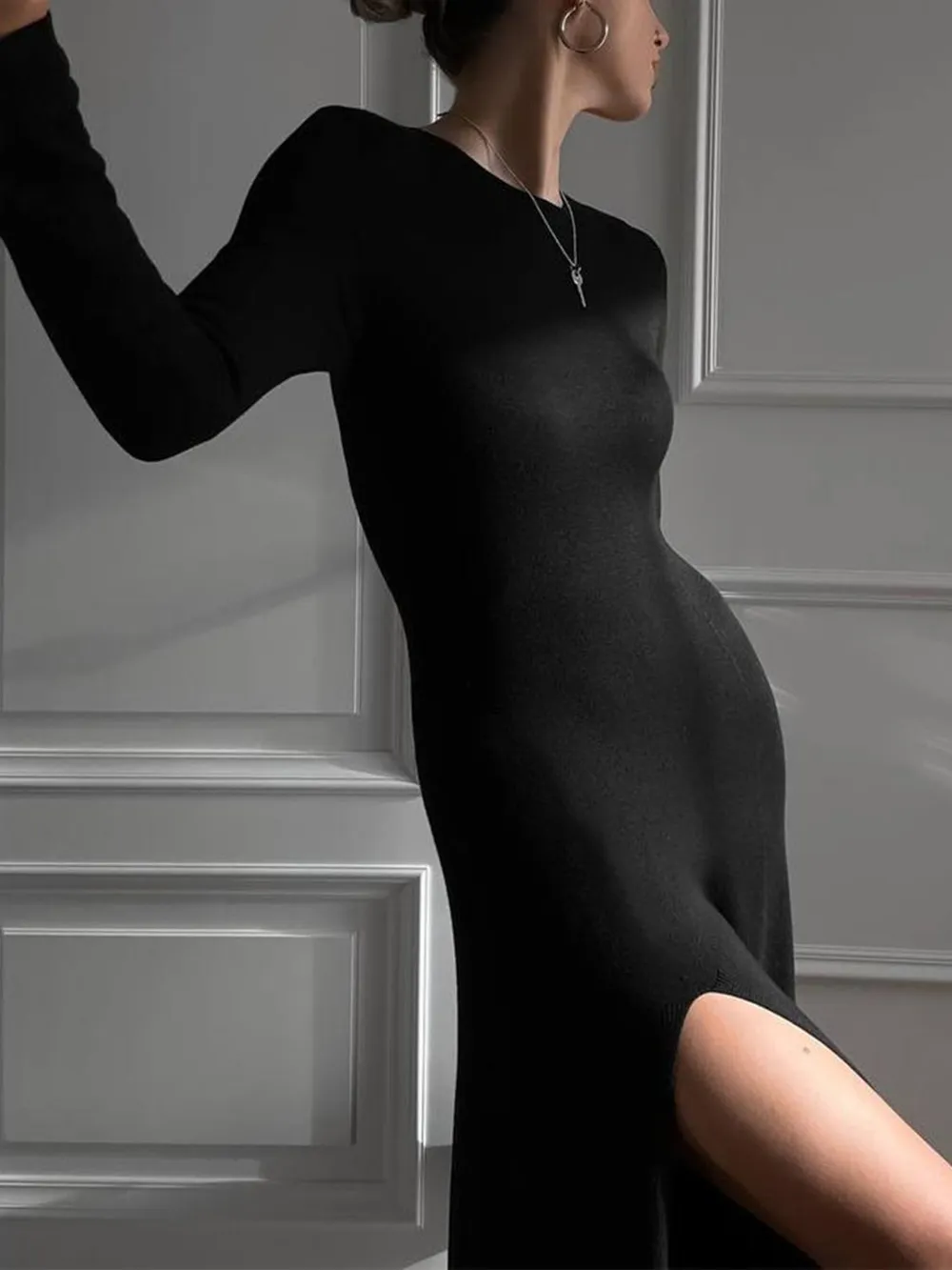 Side Slit Round Neck Long Sleeve Dress, image 5