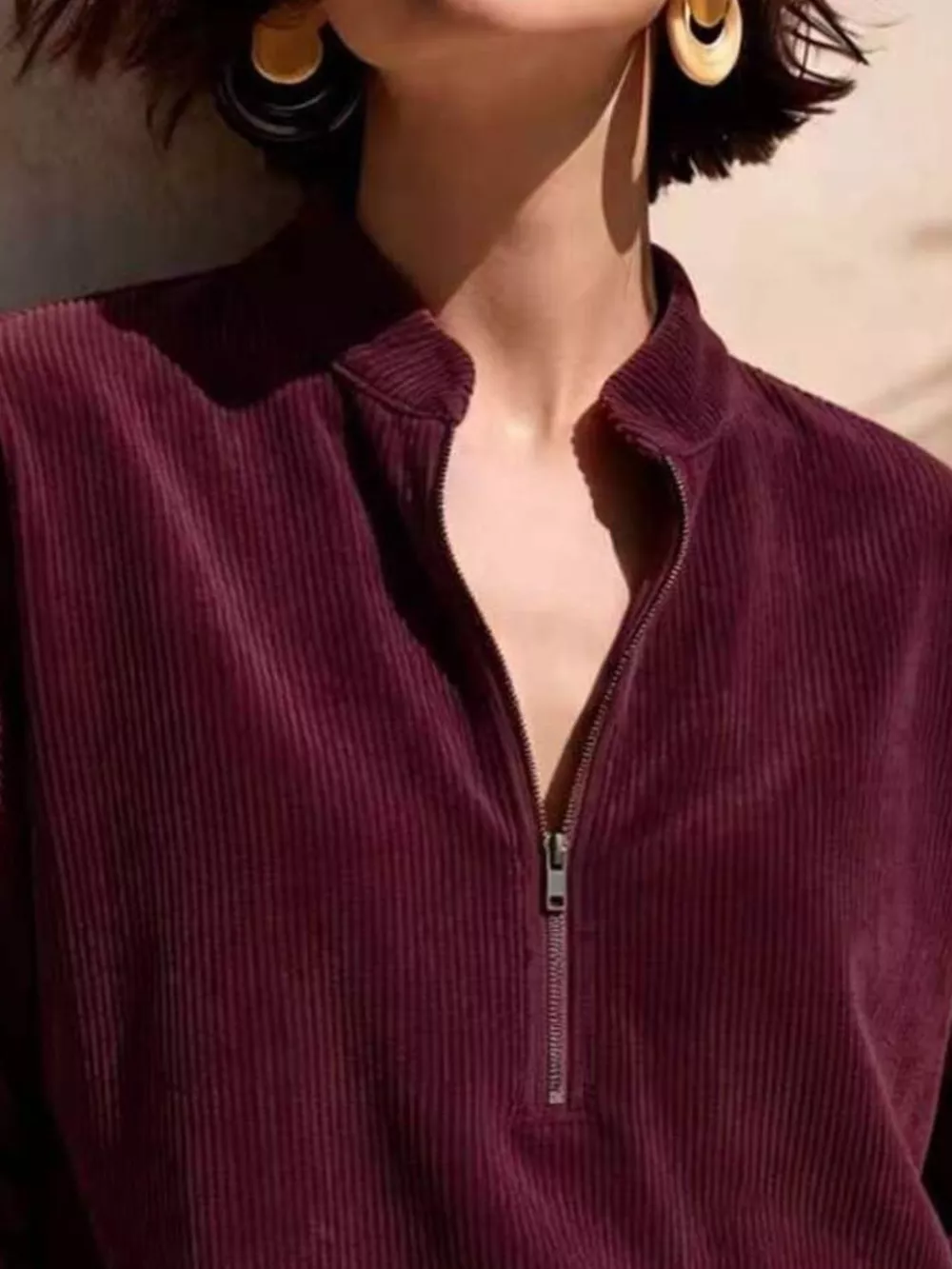 Full Size Half Zip Dropped Shoulder Corduroy Top Plus Size, image 10