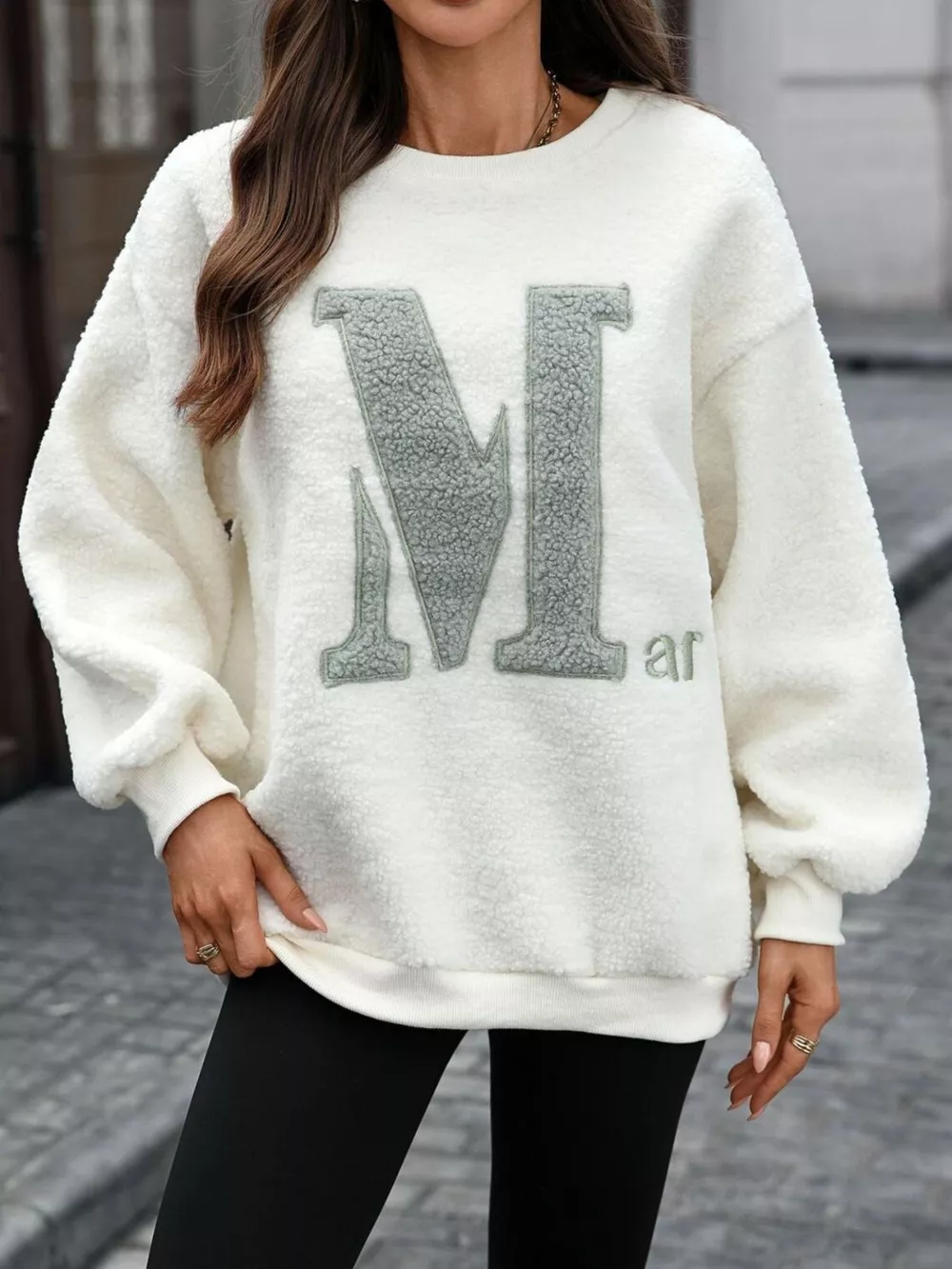 Letter Round Neck Fleece Sweatshirt, image 6