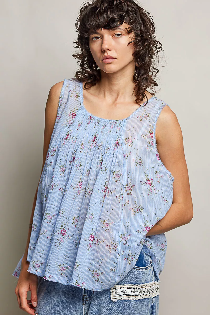 POL Round Neck Sleeveless Floral Pleated Cotton Top, image 4