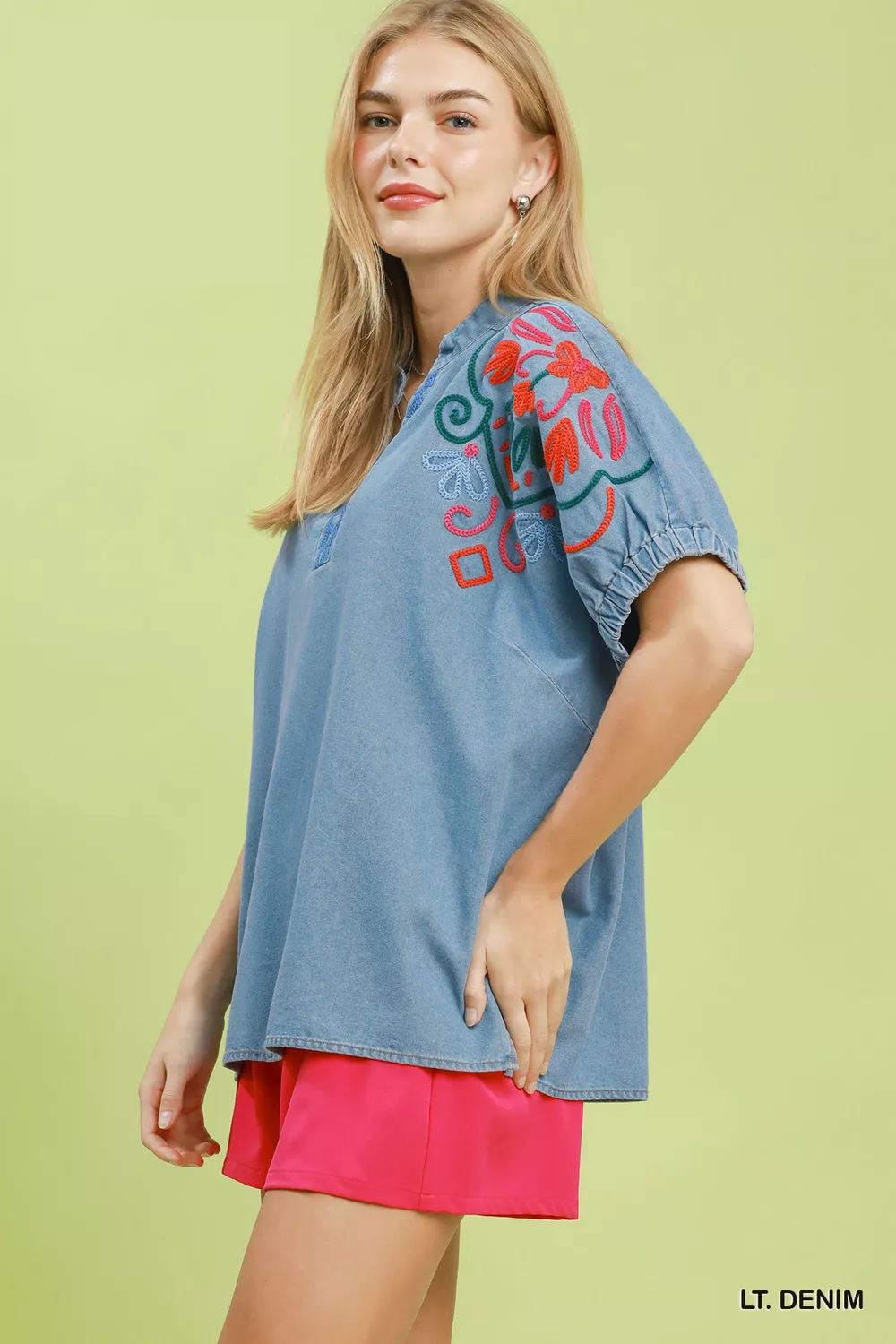 Embroidered Denim Puff Sleeve Top, image 2
