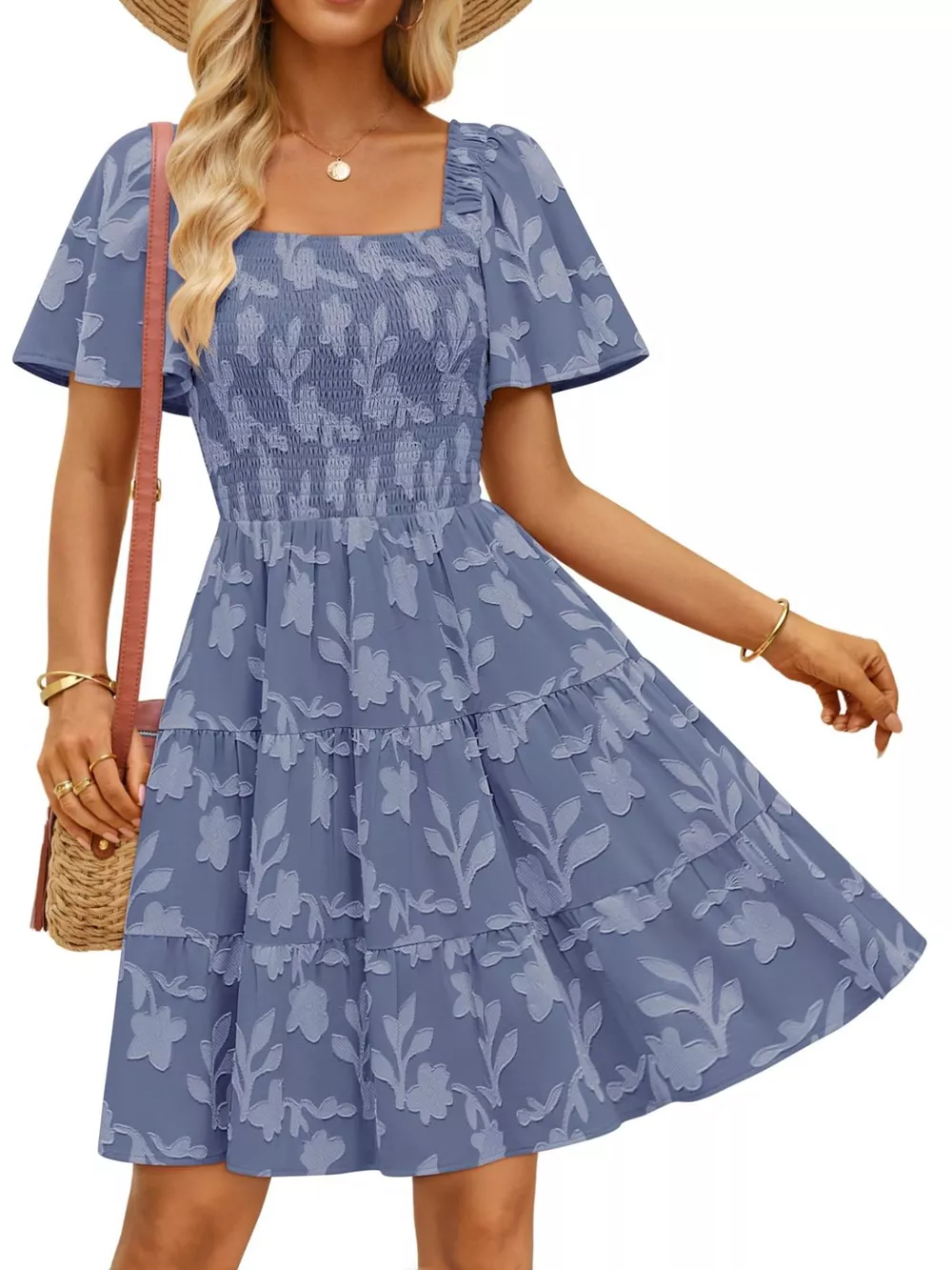 Smocked Square Neck Tiered Mini Dress, image 22