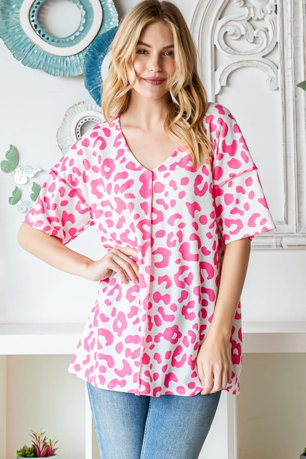 Full Size Leopard Exposed Seam Short Sleeve Top
