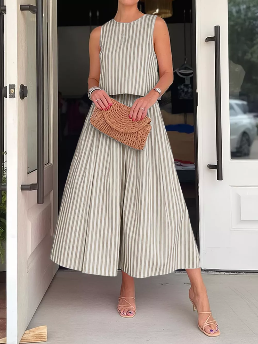 Striped Sleeveless Top and Midi Skirt Set, image 14