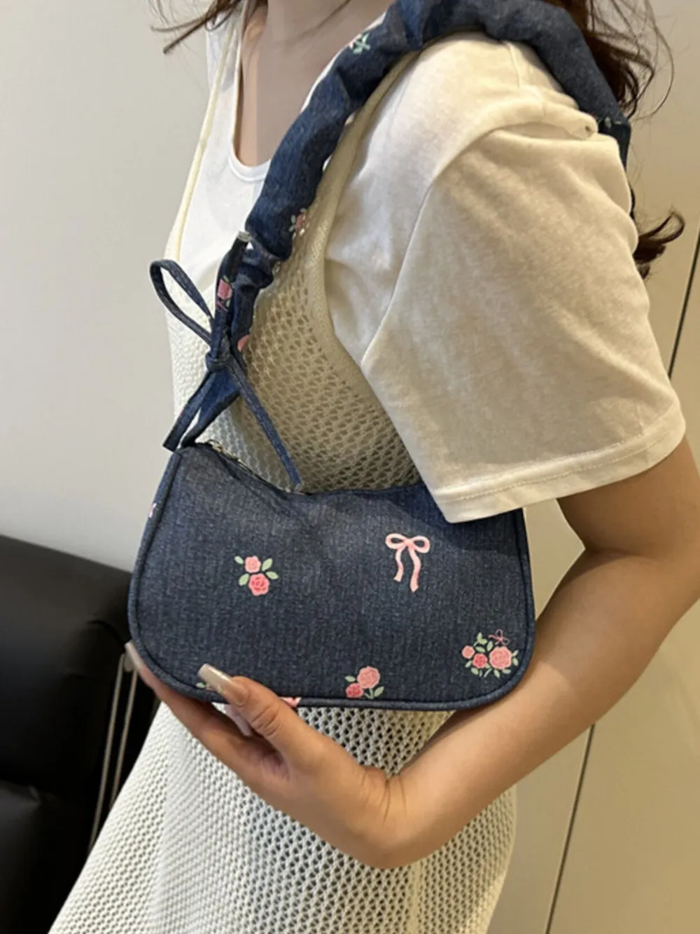 Embroidered Ruched Strap Shoulder Bag, image 5