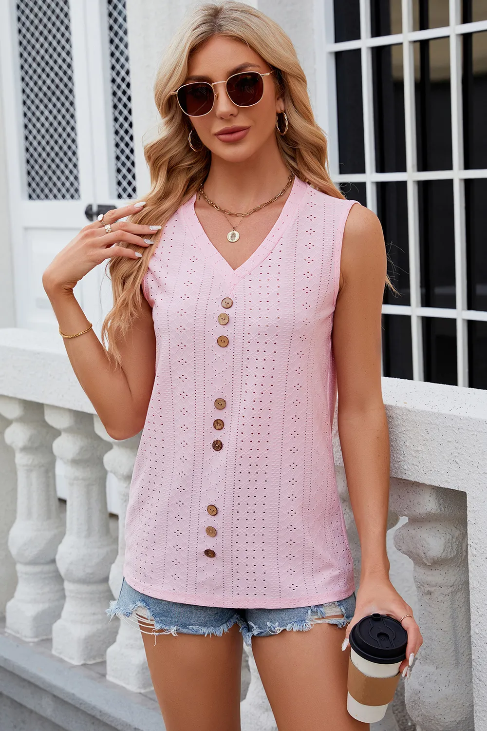 Decorative Button Eyelet V-Neck Tank, image 2