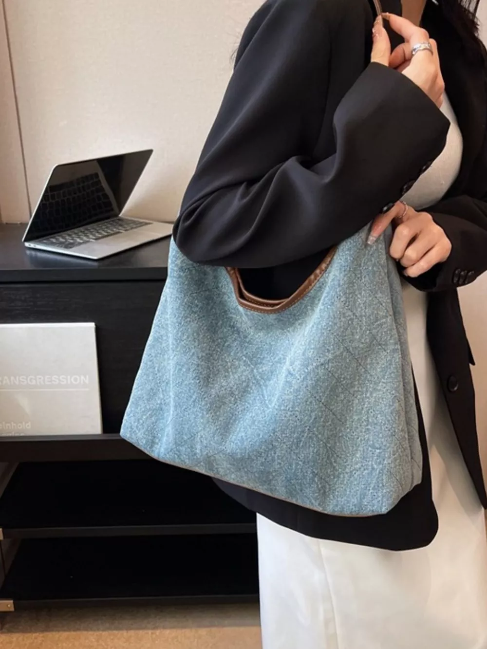 Denim Shoulder Bag with Leather Trim, image 7
