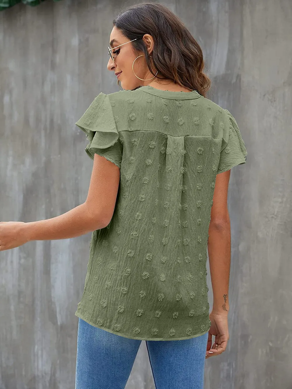 Swiss Dot Notched Flutter Sleeve Blouse, image 14