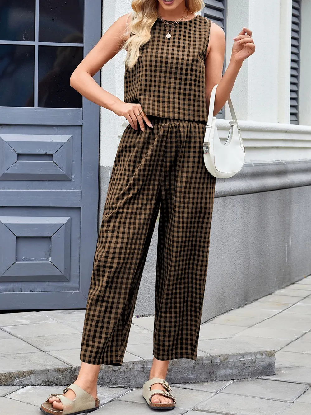 Plaid Round Neck Sleeveless Top and Pants Set, image 7