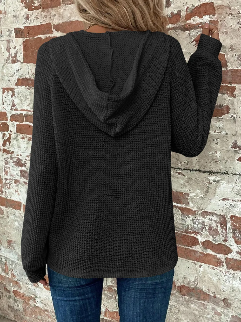 Waffle Knit Long Sleeve Drawstring Hooded Top, image 13