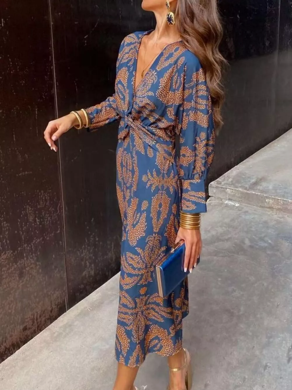 Full Size Printed V-Neck Long Sleeve Twisted Midi Dress Plus Size, image 2