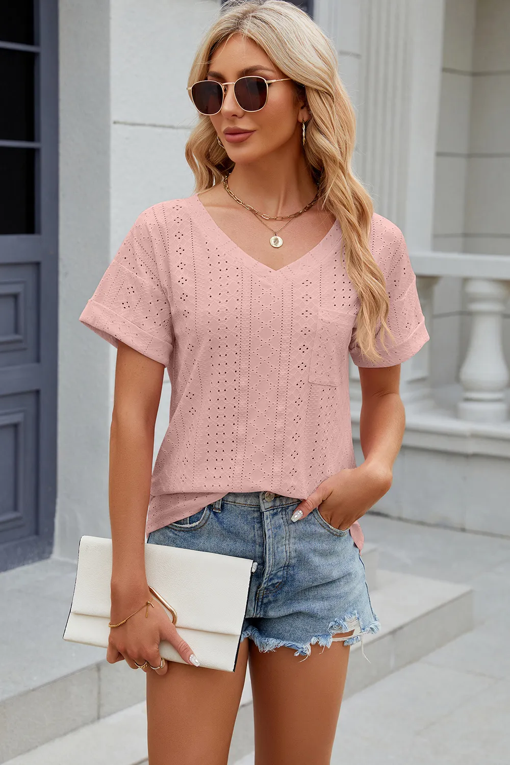 Eyelet V-Neck Short Sleeve T-Shirt, image 6