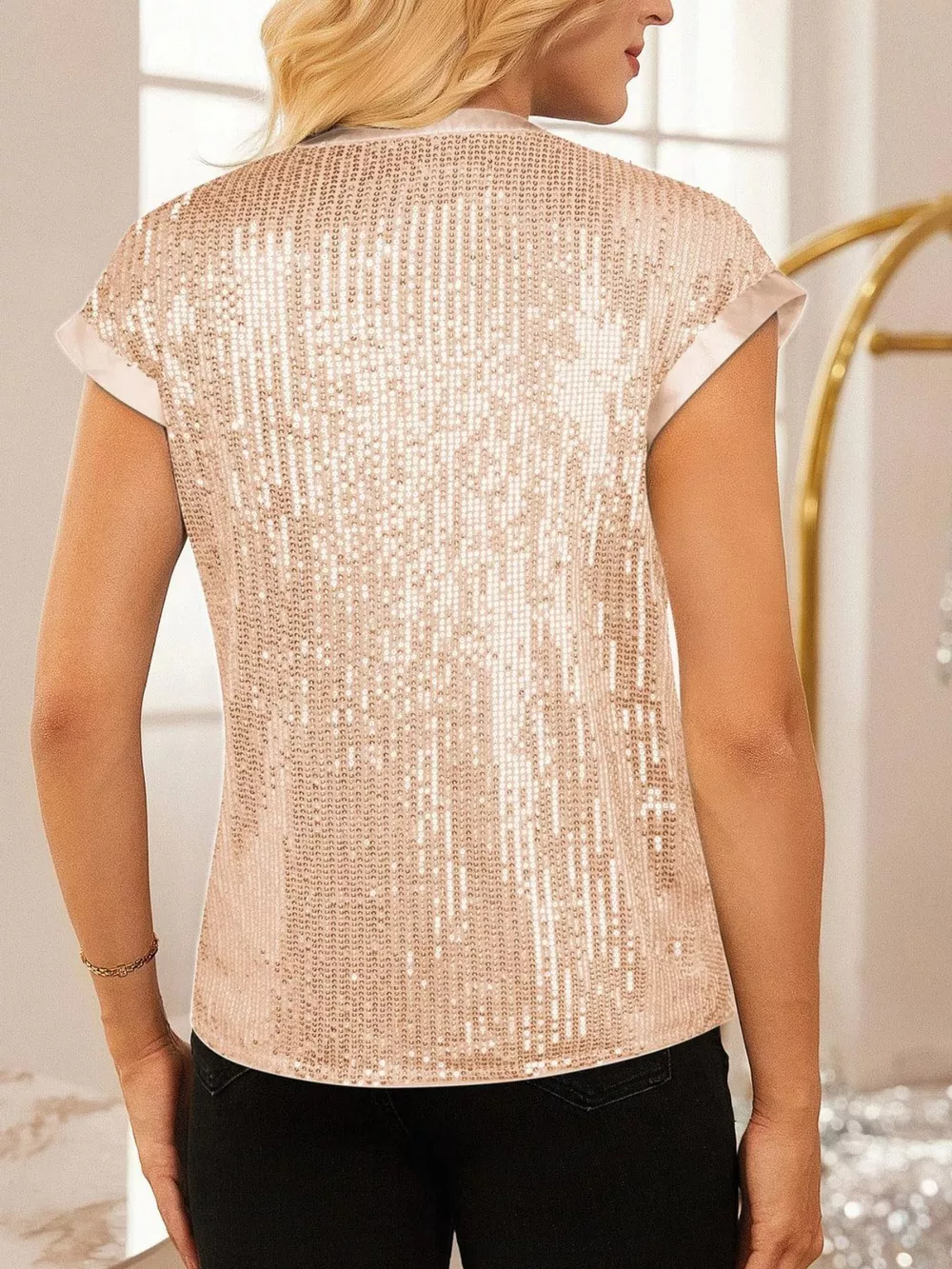 Sequin Notched Cap Sleeve Blouse, image 12