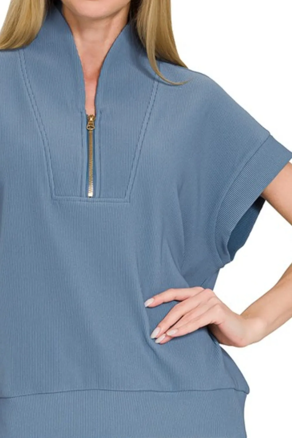 Ribbed High Neck Half Zip Top, image 2