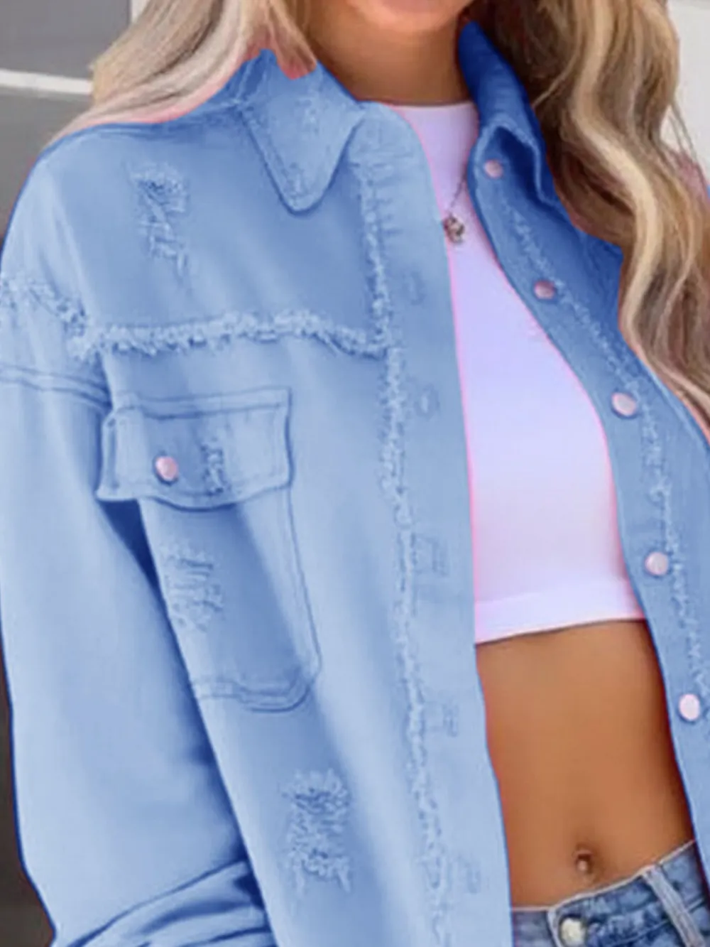 Distressed Denim Jacket with Frayed Edges, image 8