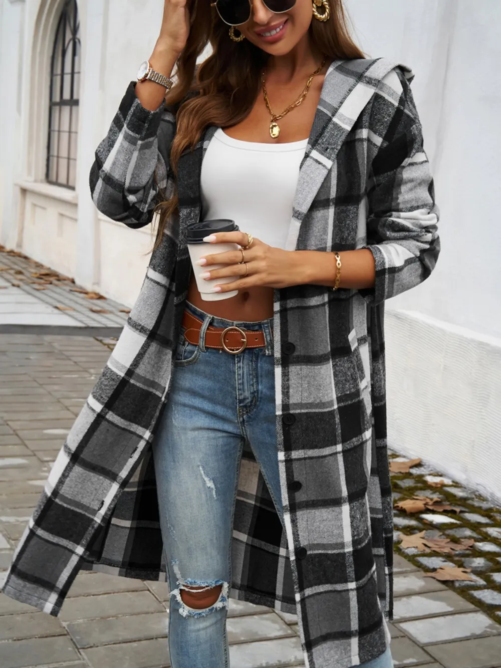 Plaid Long Sleeve Hooded Coat, image 8