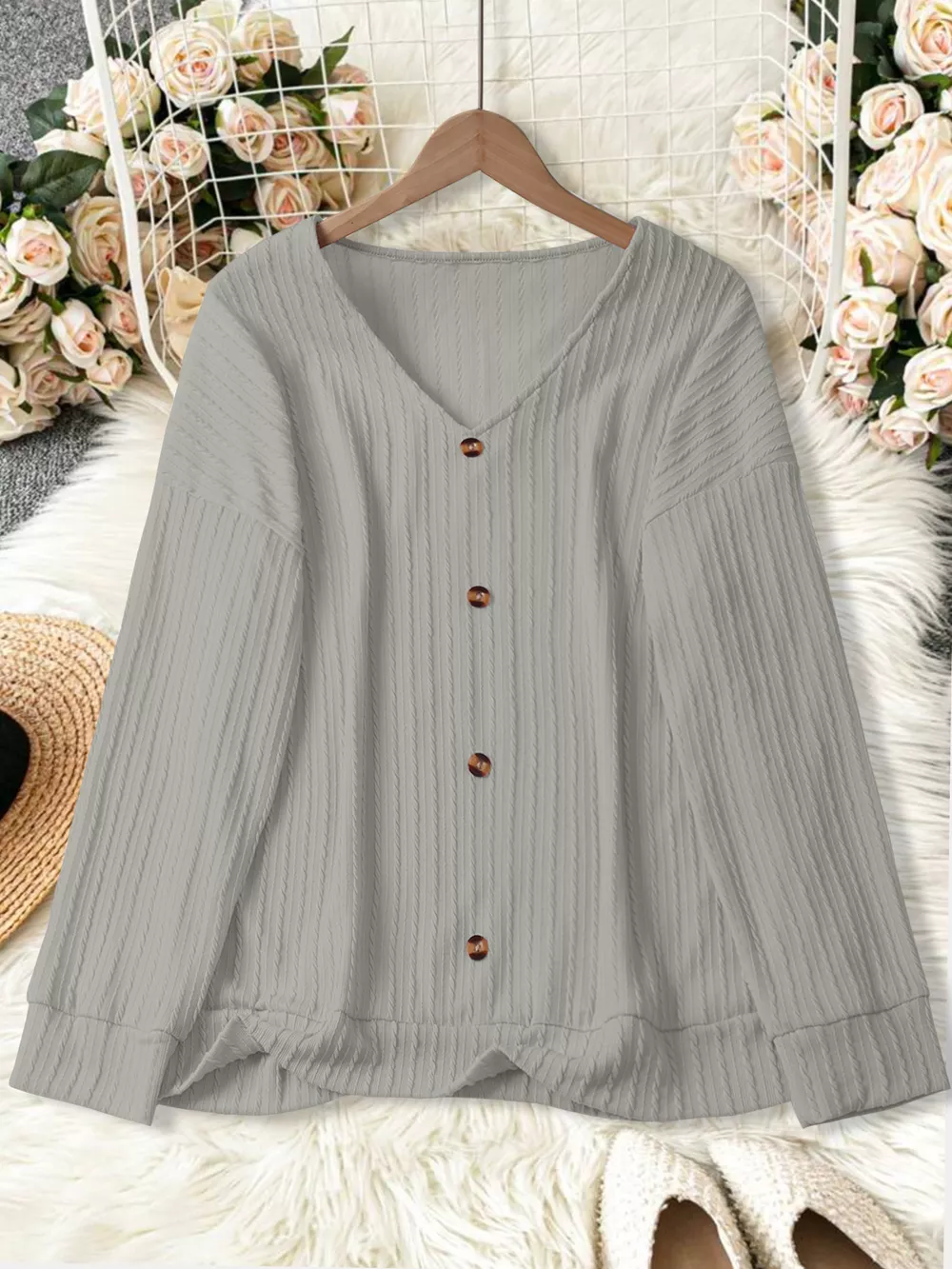 Plus Size V-Neck Dropped Shoulder Blouse, image 29