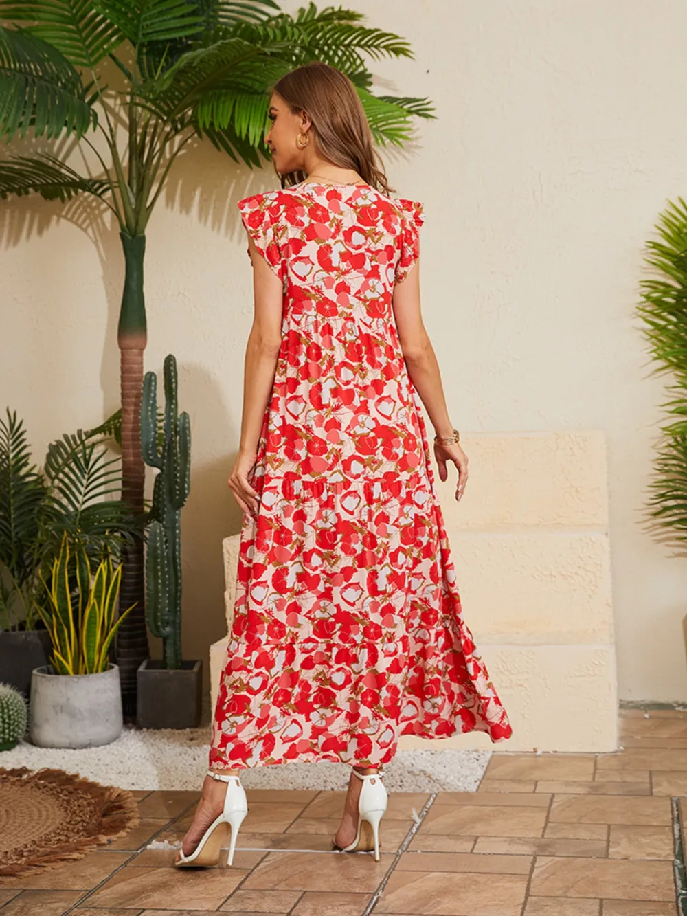 Floral V-Neck Cap Sleeve Summer Dress, image 4
