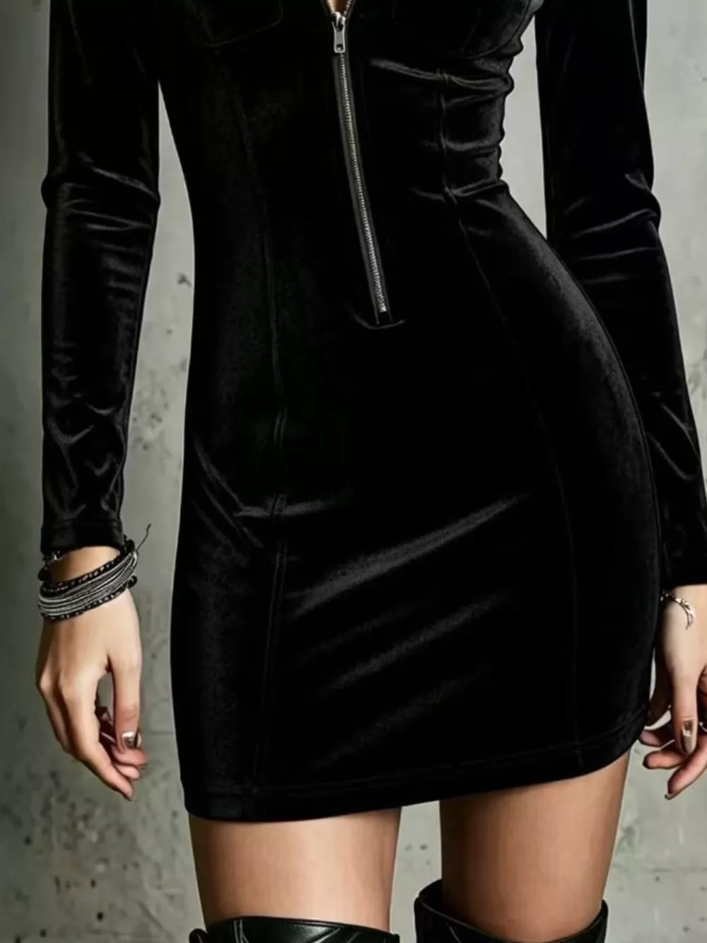 Velvet Zip-Front Utility Bodycon Mini Dress, image 6
