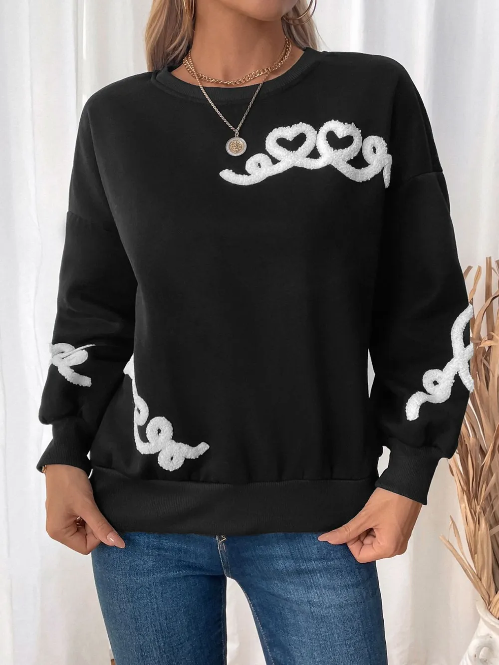 Heart Round Neck Long Sleeve Sweater, image 4