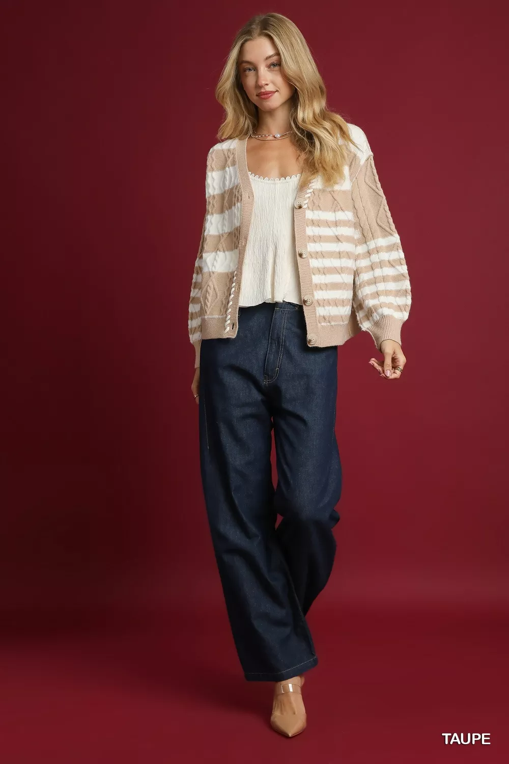 Cable-Knit Stripe Button-Up Cardigan, image 3