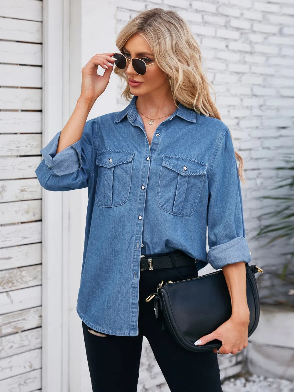 Button Up Collared Neck Denim Jacket, image 4
